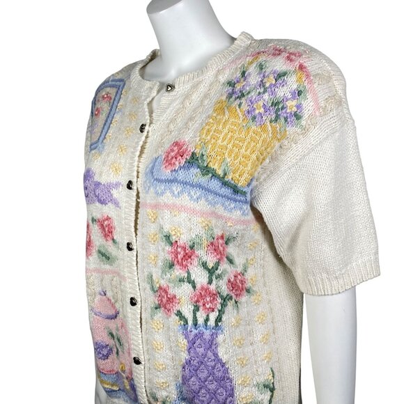 Vintage Ashley Hand Knit Cardigan Sweater Size L Short Sleeve Button Up Floral - Picture 3 of 7